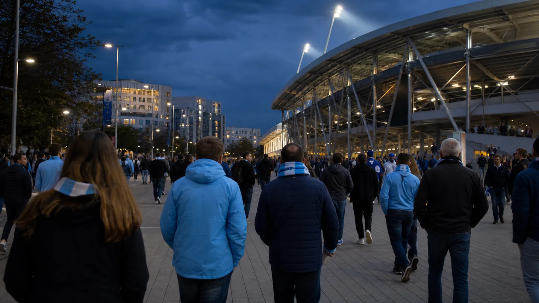 Blue-hour football matchday atmosphere